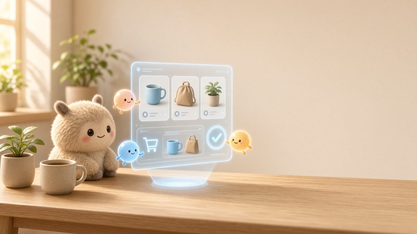 Small glowing helper characters assemble a shopping cart on a floating storefront panel beside a plush creature at a wooden desk.