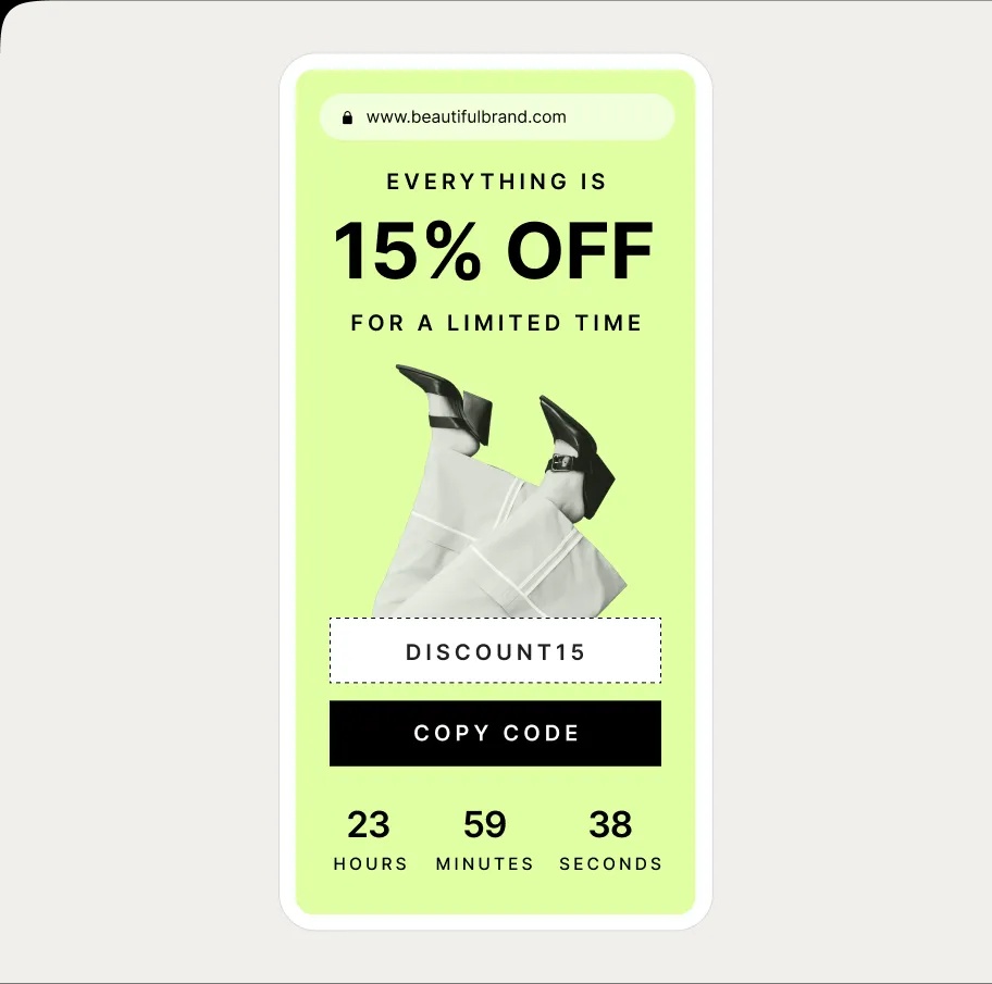 A phone showing an online store popup offering 15 percent off everything, with a discount code and a countdown timer.
